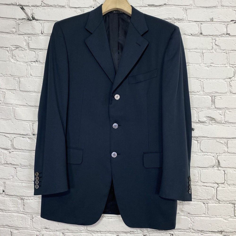 Canali Mens Wool Solid Navy Three Button Long Sleeve Blazer Jacket Size‎ 48R